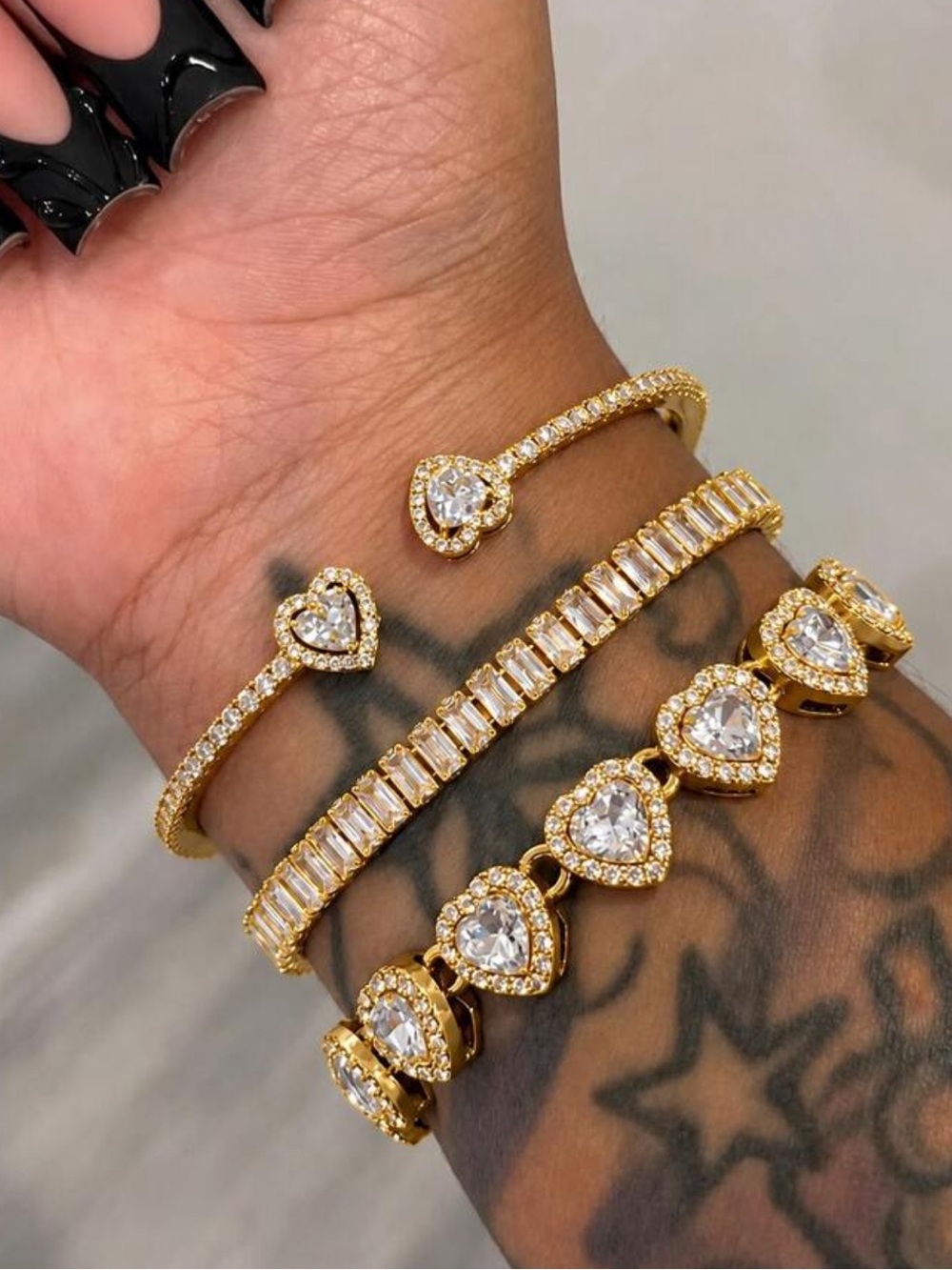Gold Heart & Crystal Bracelet Stack - Women Jewelry